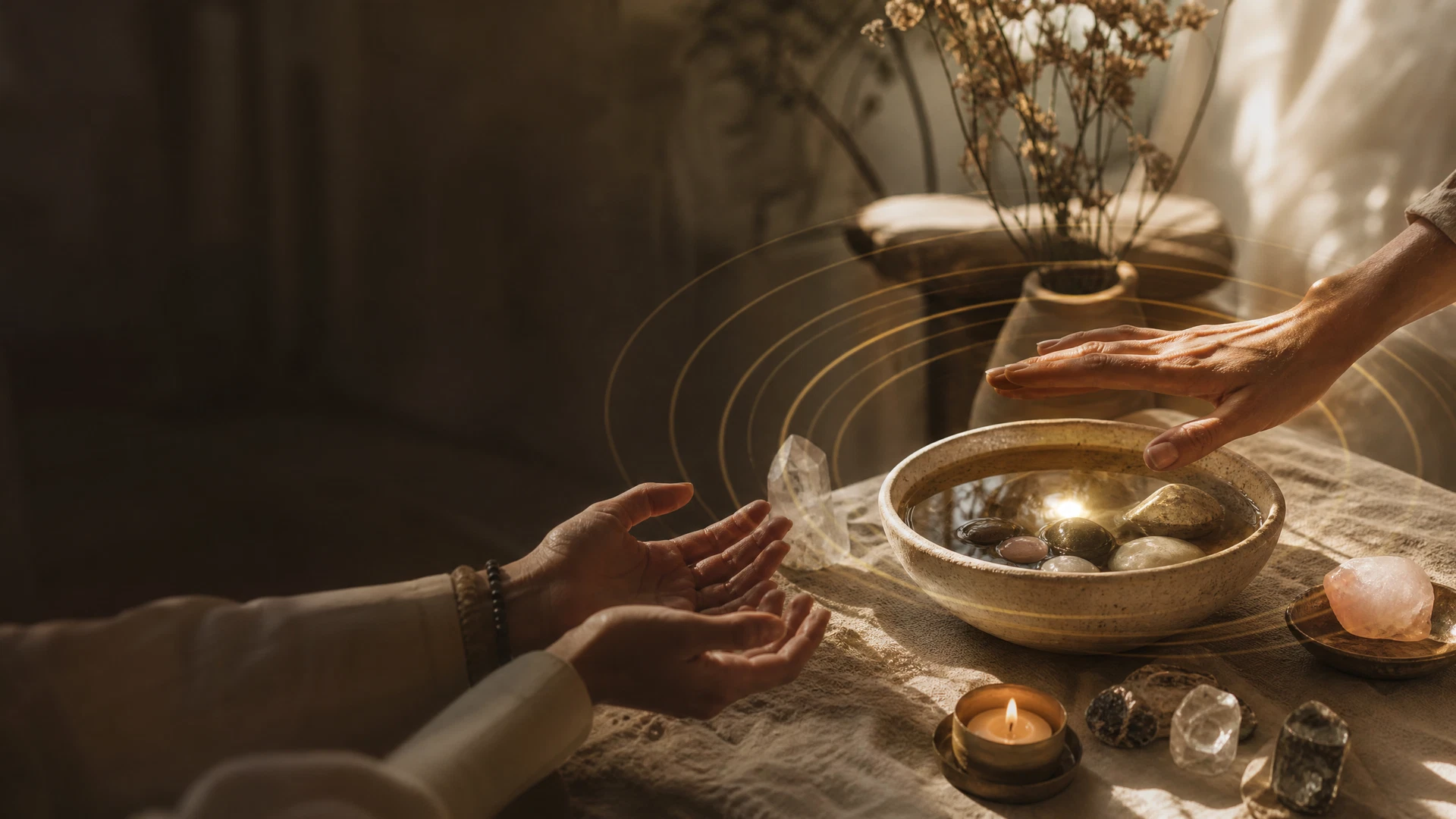 A calm energy-healing space with hands, natural stones, and warm light