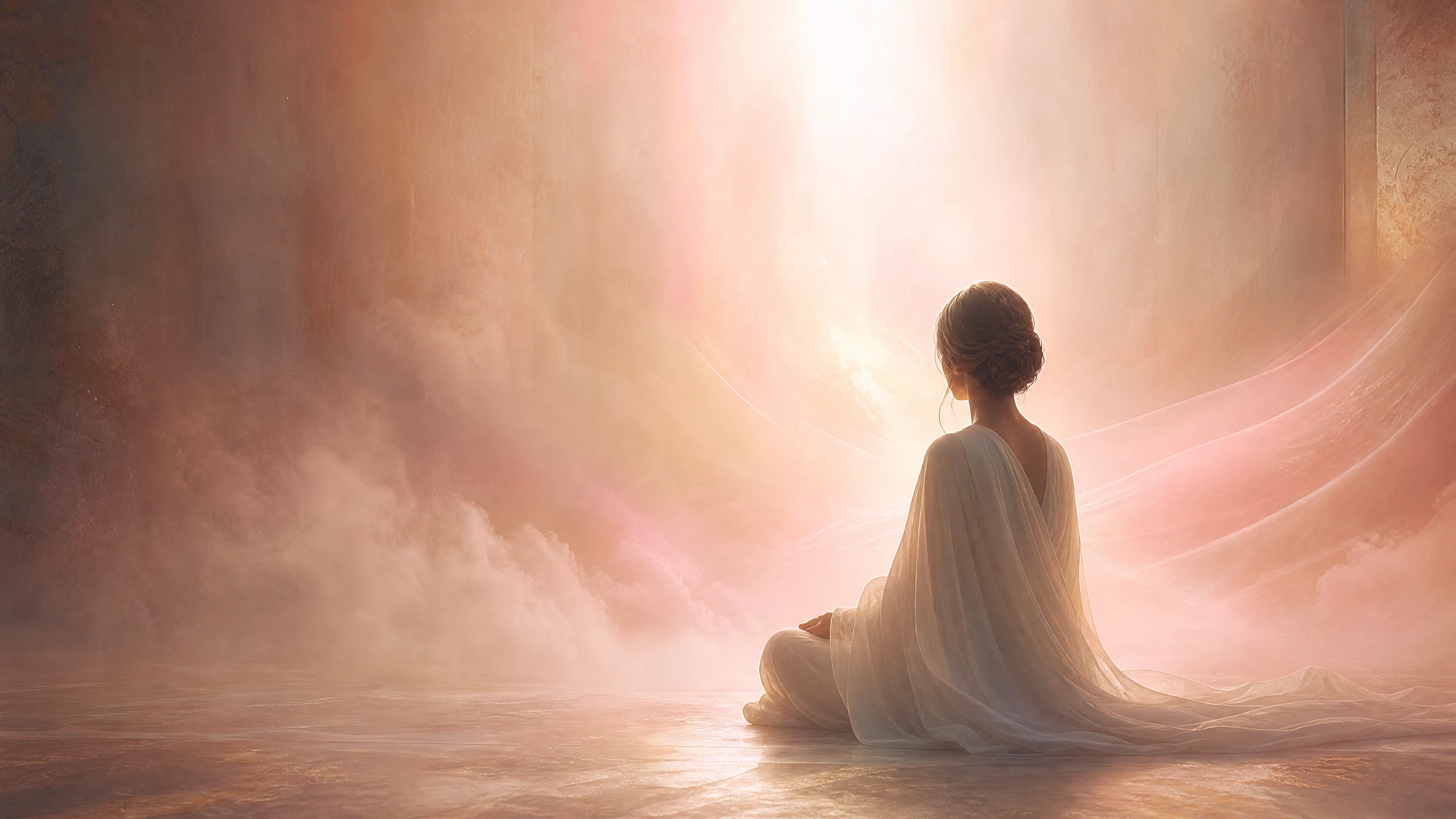 A luminous figure in white surrounded by a soft blush-pink aura, representing compassion and spiritual connection